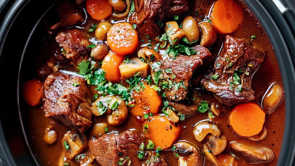 A close-up of a hearty beef stew crafted from slow cooker recipes, featuring tender chunks of beef, sliced carrots, and mushrooms, all garnished with fresh parsley in a rich, dark gravy.