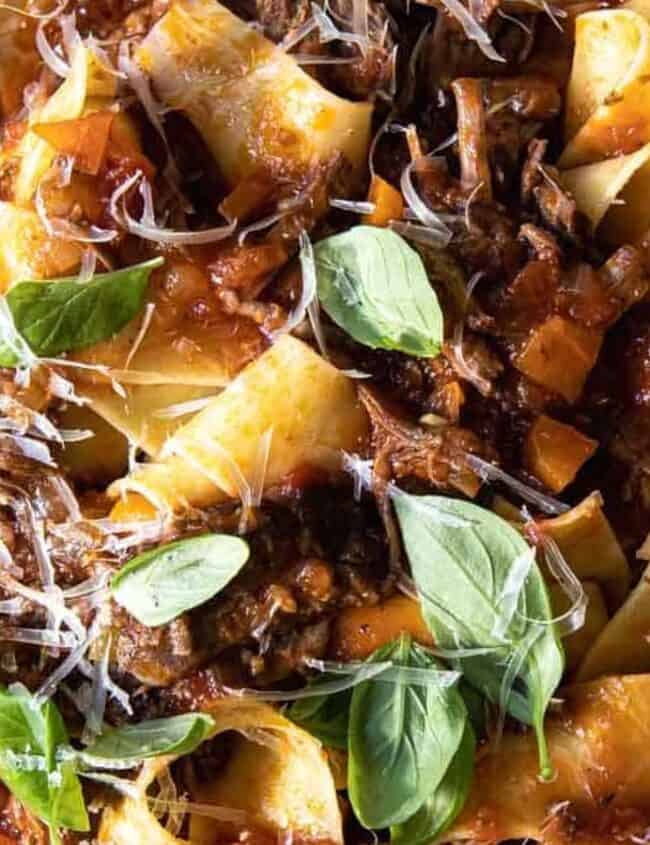 A bowl of pappardelle pasta topped with shredded beef ragu is perfect for cooking enthusiasts who love quick recipes. Garnished with fresh basil leaves and grated cheese, the dish is both delicious and efficient. A fork rests in the bowl, ready to serve, highlighting its minimal prep time.