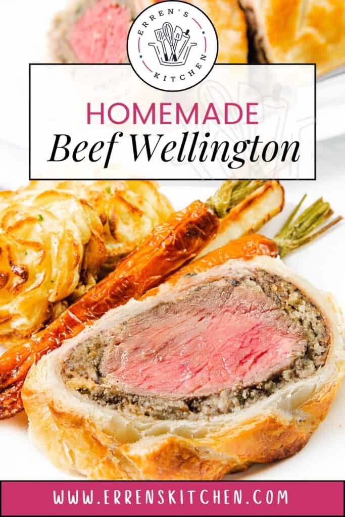 A succulent slice of homemade Beef Wellington, boasting a golden, flaky crust and tender pink center, is elegantly presented with roasted carrots and crispy potatoes. The mouthwatering image graces the website www.errenskitchen.com.