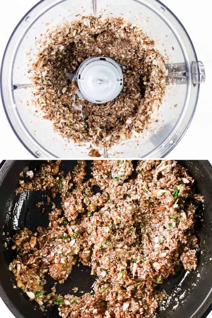 Top image shows chopped mushrooms and onions in a food processor, the crucial duxelles for a classic Beef Wellington. Bottom image displays the mixture being sautéed in a frying pan with visible herbs and seasonings, ready to envelop the tender beef.