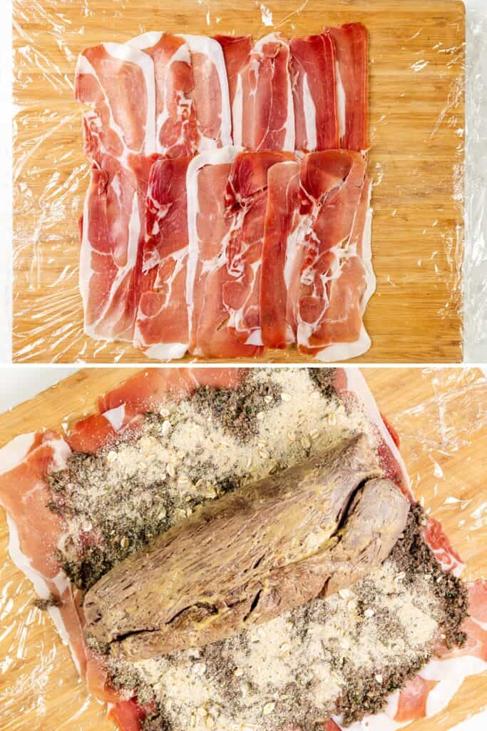 Top image: Thin slices of prosciutto arranged on clear plastic wrap. Bottom image: A seasoned beef fillet coated in spices and breadcrumbs, resting perfectly atop the prosciutto slices for a delectable Beef Wellington preparation.