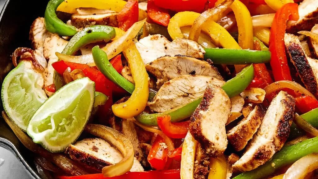 A skillet filled with sliced grilled chicken, colorful bell peppers (red, yellow, green), and onions offers a vibrant feast. Two lime wedges rest on top, making this easy chicken dish one of those simple recipes perfect for any night.