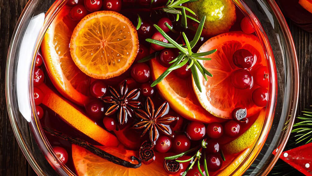 A festive punch bowl filled with slices of oranges, cranberries, star anise, rosemary sprigs, and other fruits. The ingredients are brightly colored, creating a vibrant and inviting appearance, perfect for a holiday gathering.