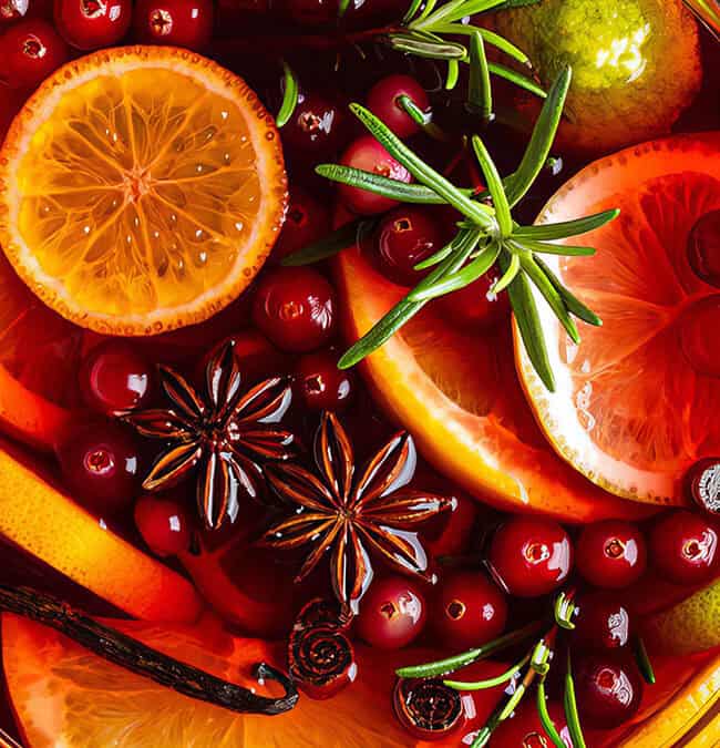 A festive punch bowl filled with slices of oranges, cranberries, star anise, rosemary sprigs, and other fruits. The ingredients are brightly colored, creating a vibrant and inviting appearance, perfect for a holiday gathering.