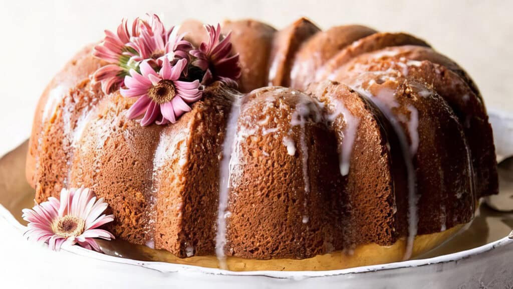 A freshly baked bundt cake with a light glaze drizzled over it, garnished with pink flowers on top, is the star of many delightful bundt cake recipes. Placed elegantly on a white platter, this beauty is a feast for both the eyes and the taste buds.