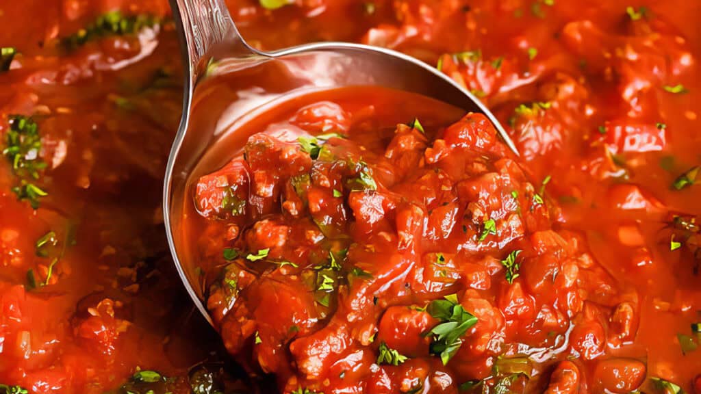 Close-up of a ladle scooping rich, chunky tomato sauce with diced tomatoes, herbs, and ground meat. The vibrant red sauce is garnished with bits of fresh parsley, showcasing its hearty and flavorful texture.