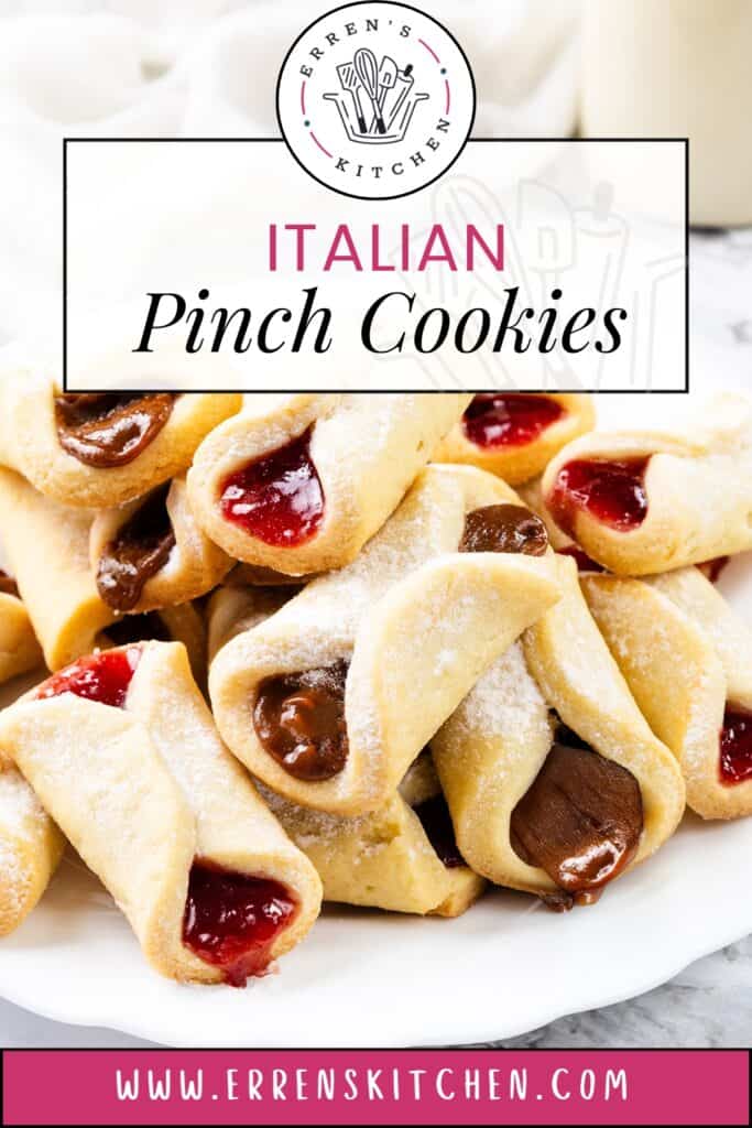 A plate of delightful Italian Pinch Cookies filled with red jam and chocolate. These treats boast a delicate folded shape, perfectly capturing the essence of tradition. The image showcases a logo for Erren's Kitchen and features the website: www.errenskitchen.com.