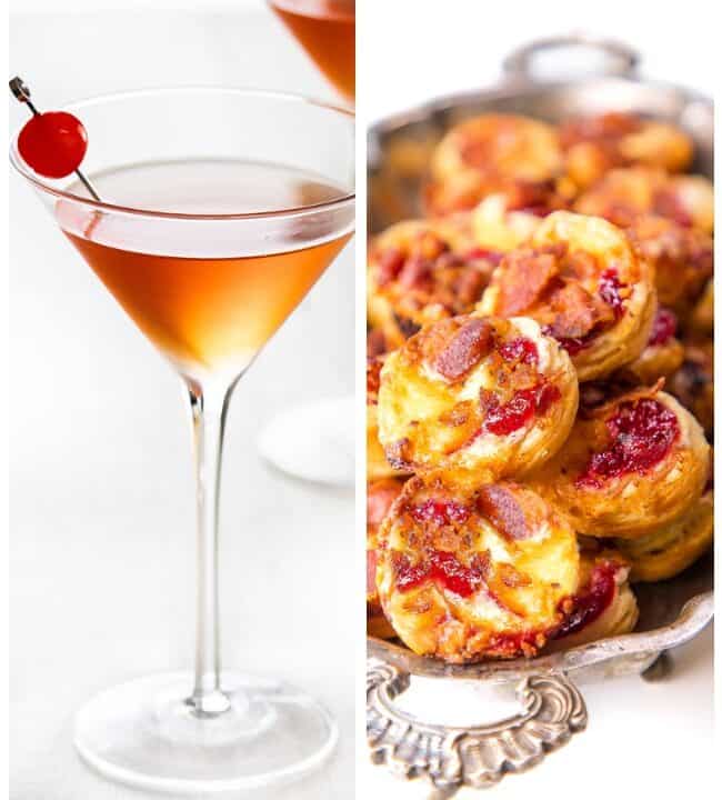 A collage showcasing New Year's Eve Bash essentials: sausage rolls on a plate, a cocktail with cherry garnish, a platter of savory pastries with bacon and cheese, and two champagne flutes on a marble surface with orange slices. Ideal for those seeking festive party food inspiration.