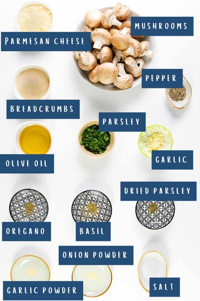 A top-down view reveals the essential ingredients for a stuffed mushroom recipe: a bowl of mushrooms, grated Parmesan cheese, breadcrumbs, olive oil, and parsley. Small bowls hold seasonings like pepper, oregano, basil, onion powder, garlic powder, dried parsley, and salt.