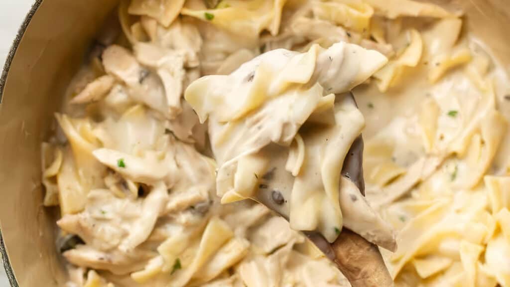 This creamy chicken noodle dish is a star among One Pot Recipes, with wide noodles and succulent chicken chunks enveloped in a rich, white sauce. Garnished with small green herbs and stirred with a wooden spoon, it's comfort food at its best.