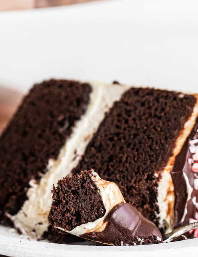 A close-up of a slice from a chocolate cake recipe on a white plate showcases its two layers with white frosting in between. The top gleams with chocolate glaze and sprinkles, while a fork with a small bite rests invitingly beside the dessert.