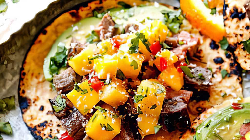 A close-up of a taco filled with juicy grilled steak, topped with vibrant mango cubes, chopped cilantro, and crumbled cheese. The taco shell is lightly charred, and there are slices of avocado visible underneath, all on a rustic plate.