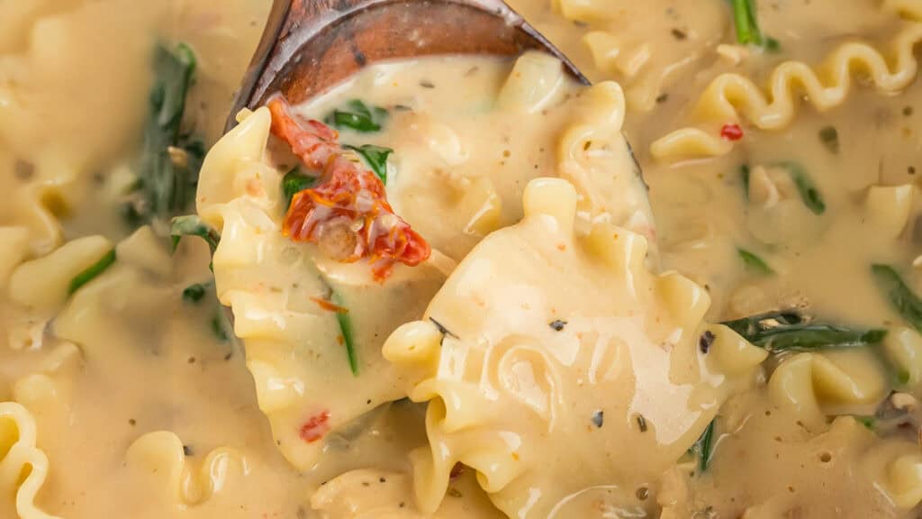 Close-up of a creamy pasta dish featuring wavy noodles, sun-dried tomatoes, and spinach in a thick, lightly seasoned sauce. A wooden spoon scoops up some pasta, highlighting the dish's rich texture and ingredients.