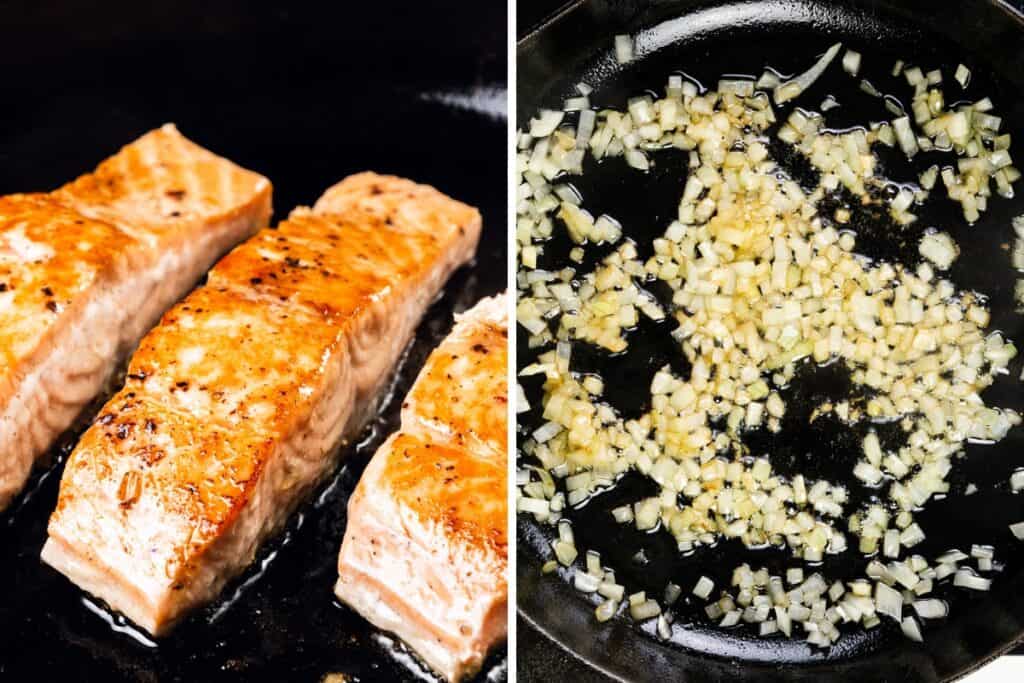 Left side showcases Tuscan Salmon fillets sizzling in a pan, golden-brown and seared to perfection. Right side features chopped onions frying in oil, turning translucent, in a black skillet, adding aroma and flavor.