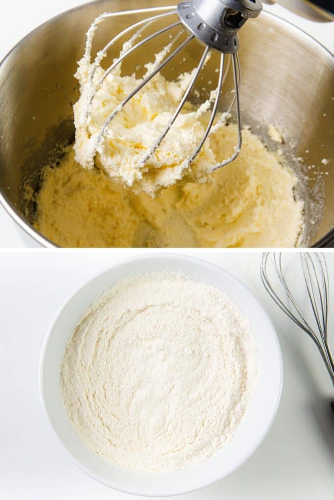 Top image: A mixing bowl with a whisk attachment shows butter and sugar being creamed together, the base for delicious Snickerdoodle Bars. Bottom image: A separate white bowl filled with sifted dry ingredients, likely flour. Both are on a white countertop.