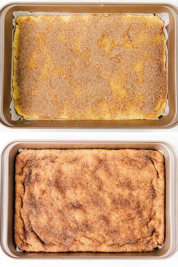 Two baking pans filled with snickerdoodle desserts. The top pan holds snickerdoodle bars with a lightly sprinkled cinnamon sugar topping, while the bottom pan contains dessert bars with a darker, more baked cinnamon sugar crust.