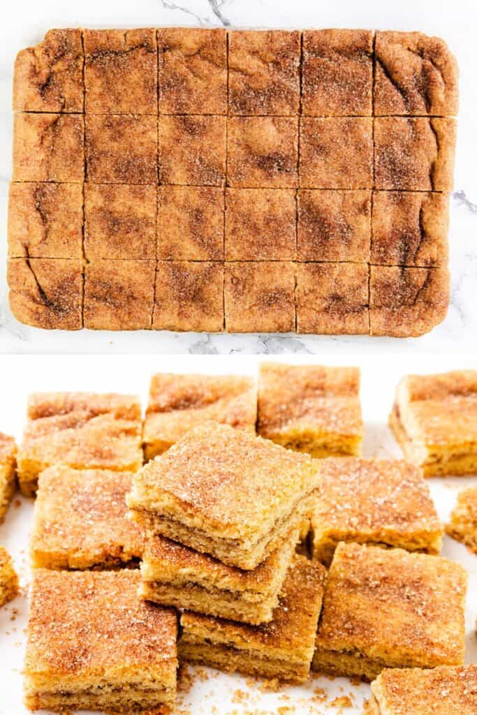 Two images of snickerdoodle bars. The top shows the bars uncut, crowned with a golden-brown sugar topping. The bottom features them cut into squares, some stacked, all flaunting a cinnamon sugar layer on top. These cookie bars rest elegantly on a white surface.