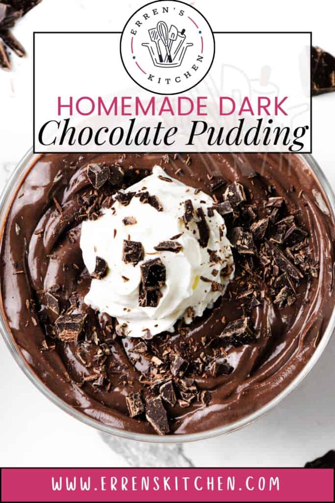 A bowl of delightful dark chocolate pudding is garnished with whipped cream and rich chocolate shavings, beautifully featured in a recipe from Erren's Kitchen. Discover more at www.errenskitchen.com.