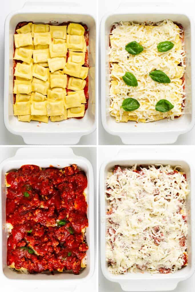 Four images show stages of preparing a delicious ravioli lasagna casserole in a white dish. Top left: uncooked ravioli on tomato sauce. Top right: cheese and basil over ravioli. Bottom left: sauce covers basil, along with Italian sausage for added flavor. Bottom right: cheese topped with parmesan, ready to bake.