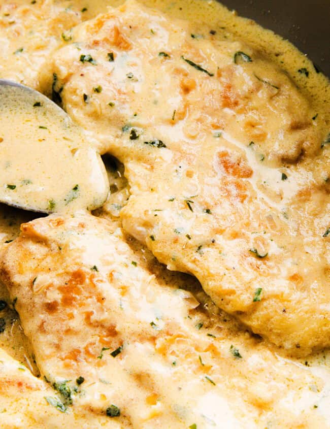 Creamy chicken breasts with a golden crust simmer in a rich, herb-infused sauce, offering restaurant-quality appeal. A silver spoon rests on the chicken in a pan, showcasing the dish's appetizing texture and color—a perfect meal to make at home.