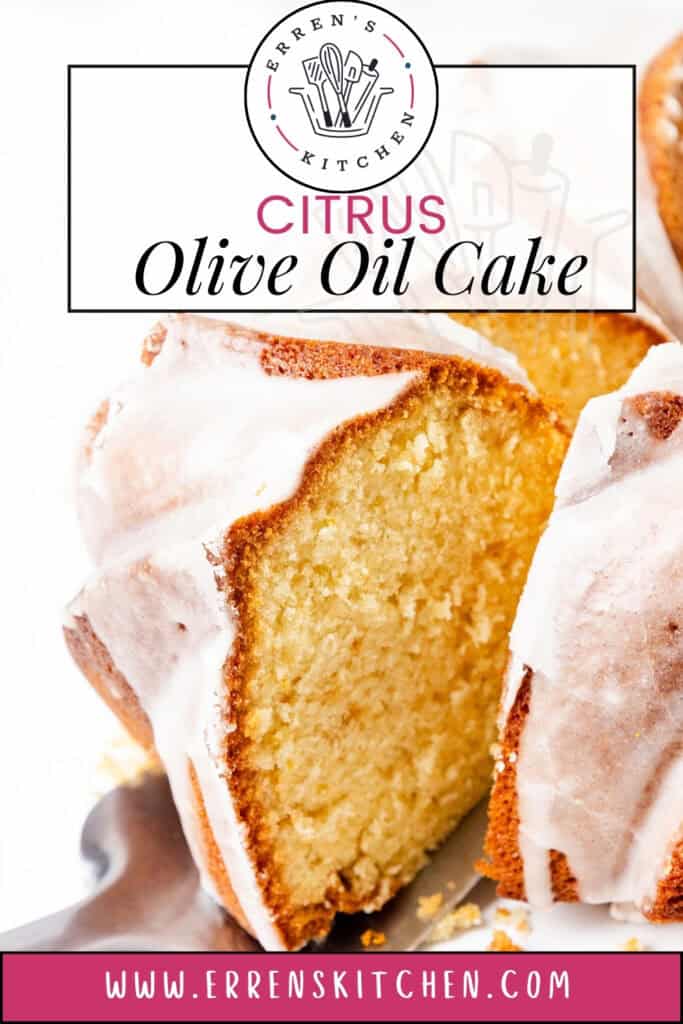 A close-up of a sliced Citrus and Olive Oil Bundt Cake with glossy icing reveals its moist texture. Branding from "Erren's Kitchen" graces the top, while the website is displayed at the bottom.