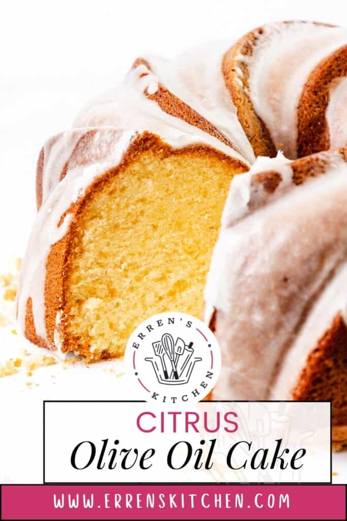 A Citrus and Olive Oil Bundt Cake, golden brown with a moist interior, is topped with white glaze. The backdrop features the "Erren's Kitchen" logo alongside the website www.errenskitchen.com.