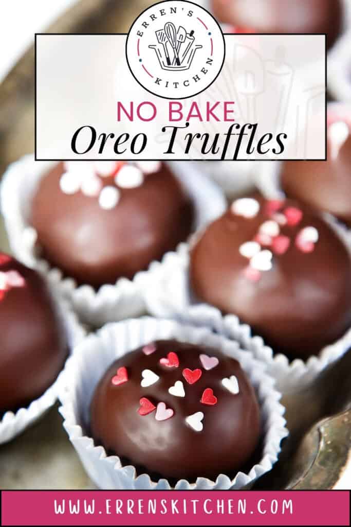 No Bake Chocolate Oreo truffles with heart sprinkles in paper cups. Text reads "Easy Oreo Truffles" and "www.errenskitchen.com" against a lightly blurred background.