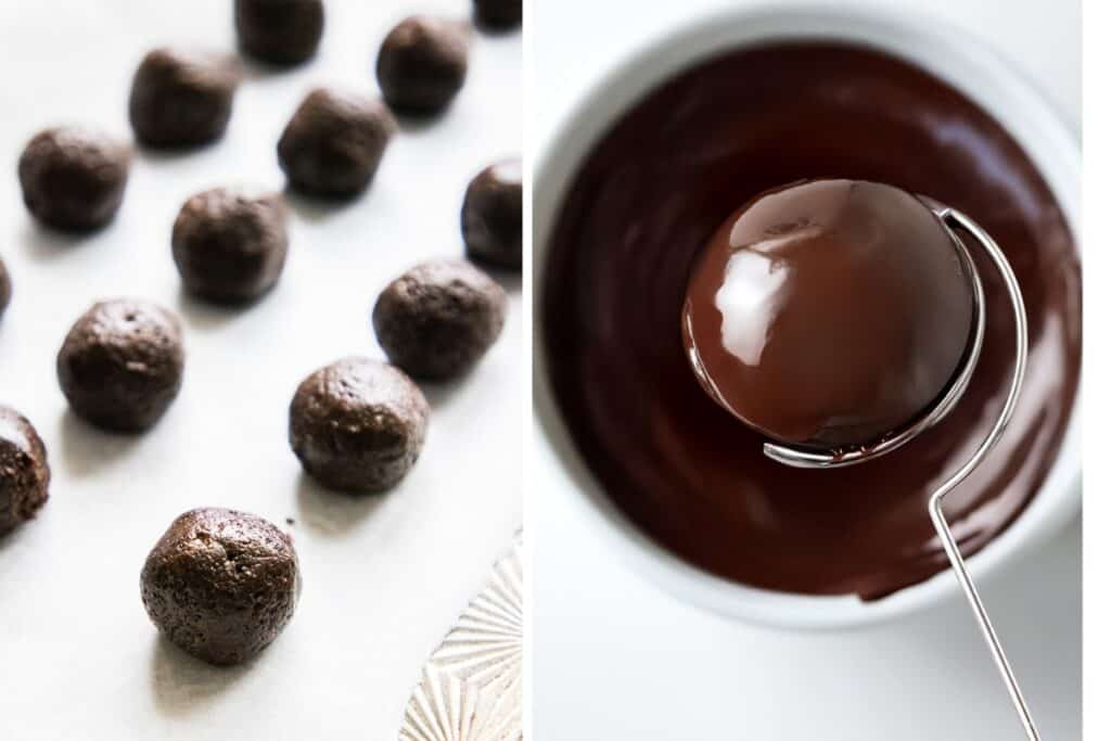 Left: Oreo chocolate truffles arranged on parchment paper. Right: A truffle being dipped into melted chocolate with a spoon, showcasing a smooth, glossy coating perfect for dessert lovers.