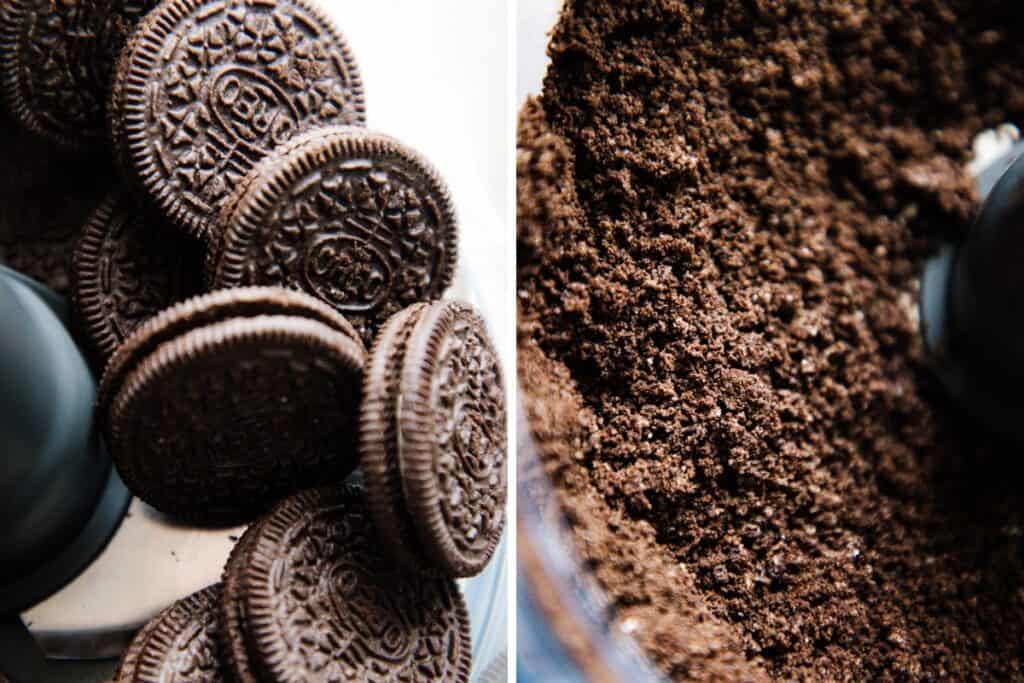 Left: A stack of chocolate sandwich cookies with cream filling, seen from above. Right: Crushed cookies inside a food processor, forming a fine crumb—the first step in creating delicious Oreo Balls.