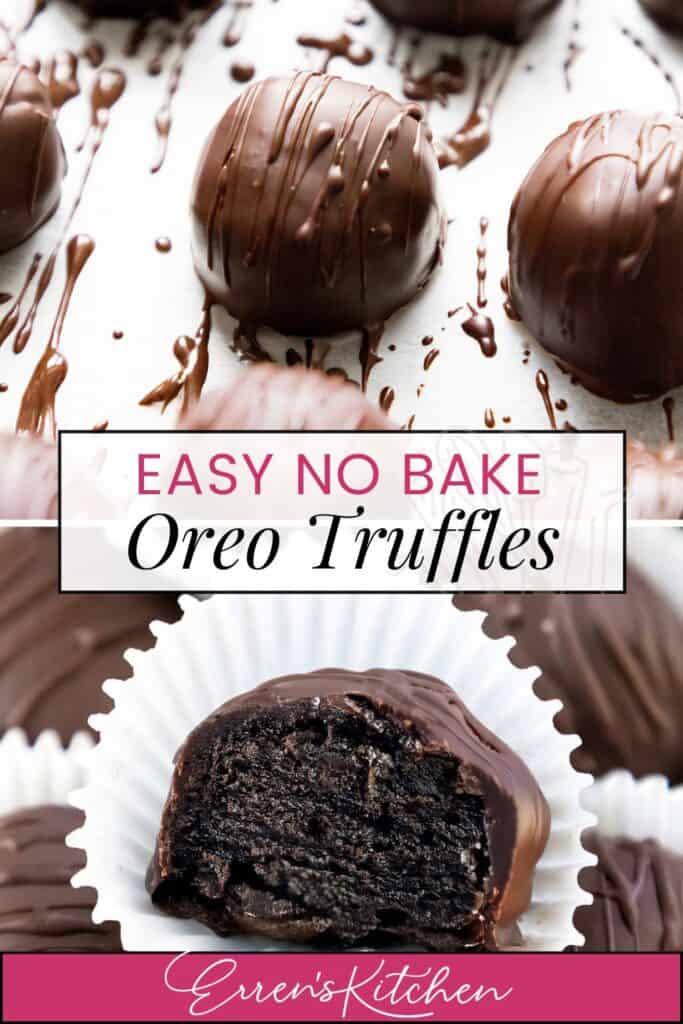 Close-up of chocolate-covered, no bake Oreo truffles on a baking sheet. One truffle is half-eaten, revealing a dark, dense interior. Text overlay reads "Easy No Bake Oreo Truffles" and "Erren's Kitchen.