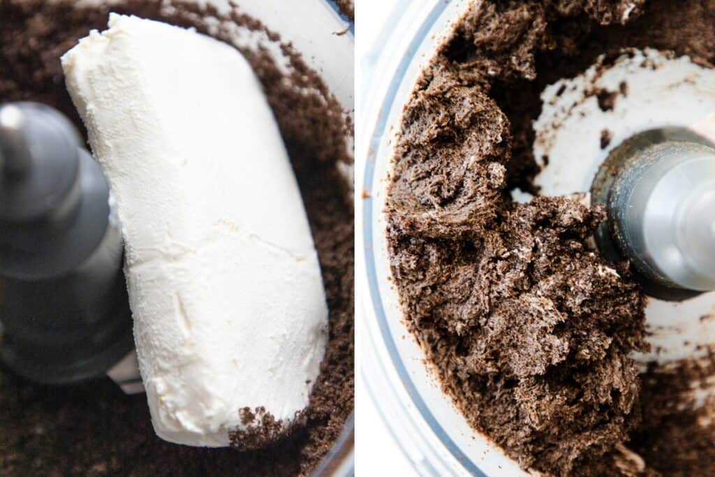 Left image: A block of cream cheese sits atop crushed Oreo cookies in a food processor. Right image: The cream cheese and cookie mixture transforms into a smooth, dark blend, ready to craft delicious truffles.