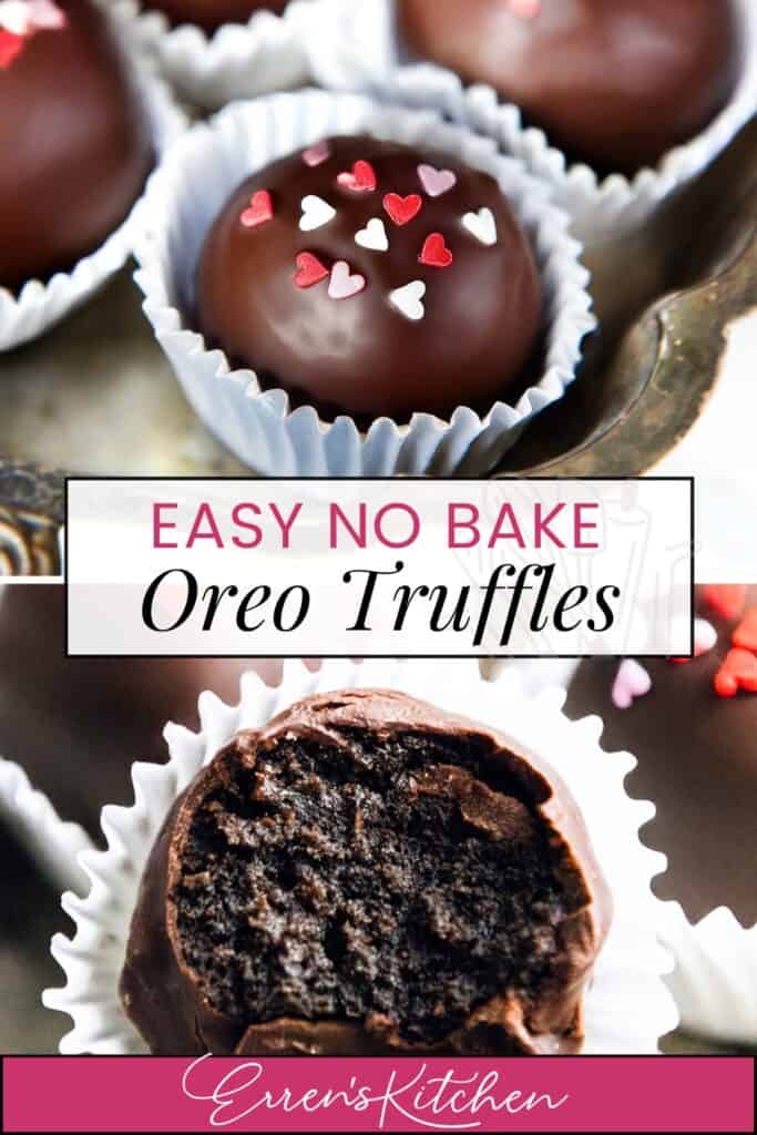 Close-up of Oreo truffles in white paper cups. The truffles are coated in glossy chocolate, topped with red and white heart-shaped sprinkles. One has a bite taken out, revealing the dark interior. Text reads: "Easy No Bake Oreo Truffles Recipe.