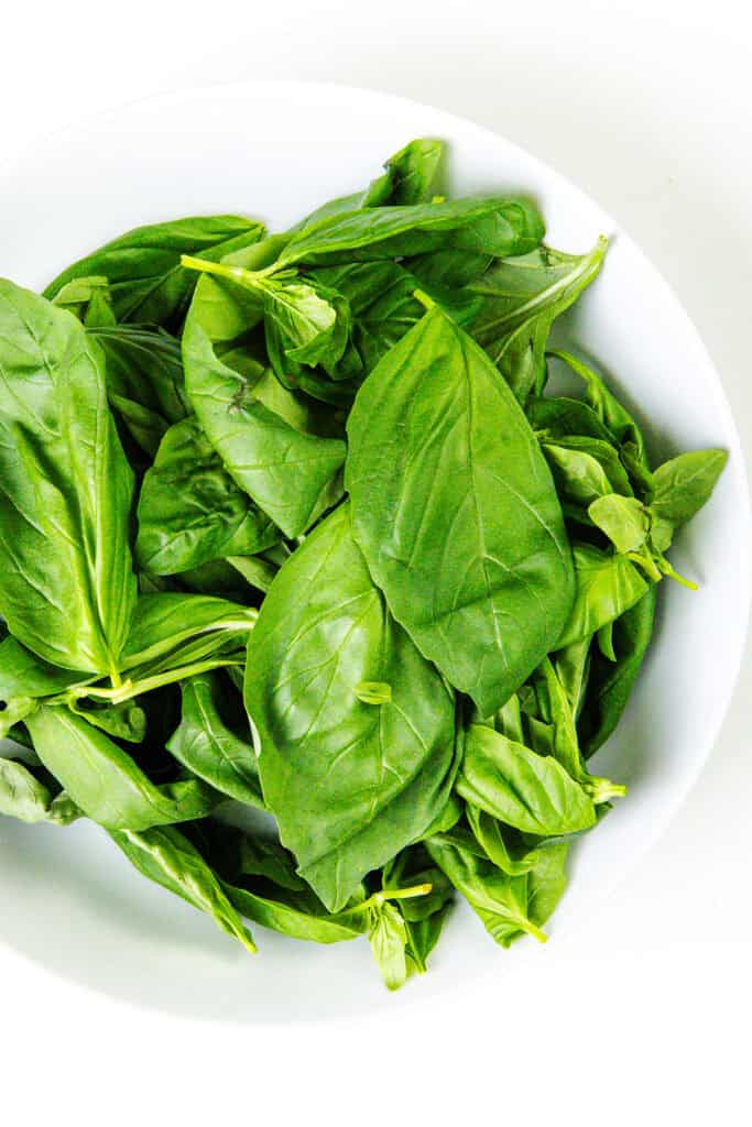 A white bowl filled with fresh green basil leaves, perfect for whipping up a quick pesto, sits against a white background.