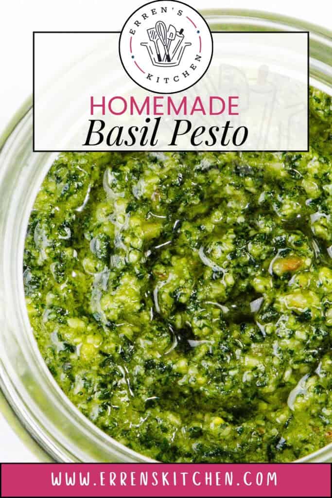 A jar brimming with vibrant green basil pesto is labeled "Erren’s Kitchen." In the top corner, a circular logo with utensils highlights the Quick & Easy charm of this homemade delight. The bottom displays a website URL for more Batch Pesto creations.