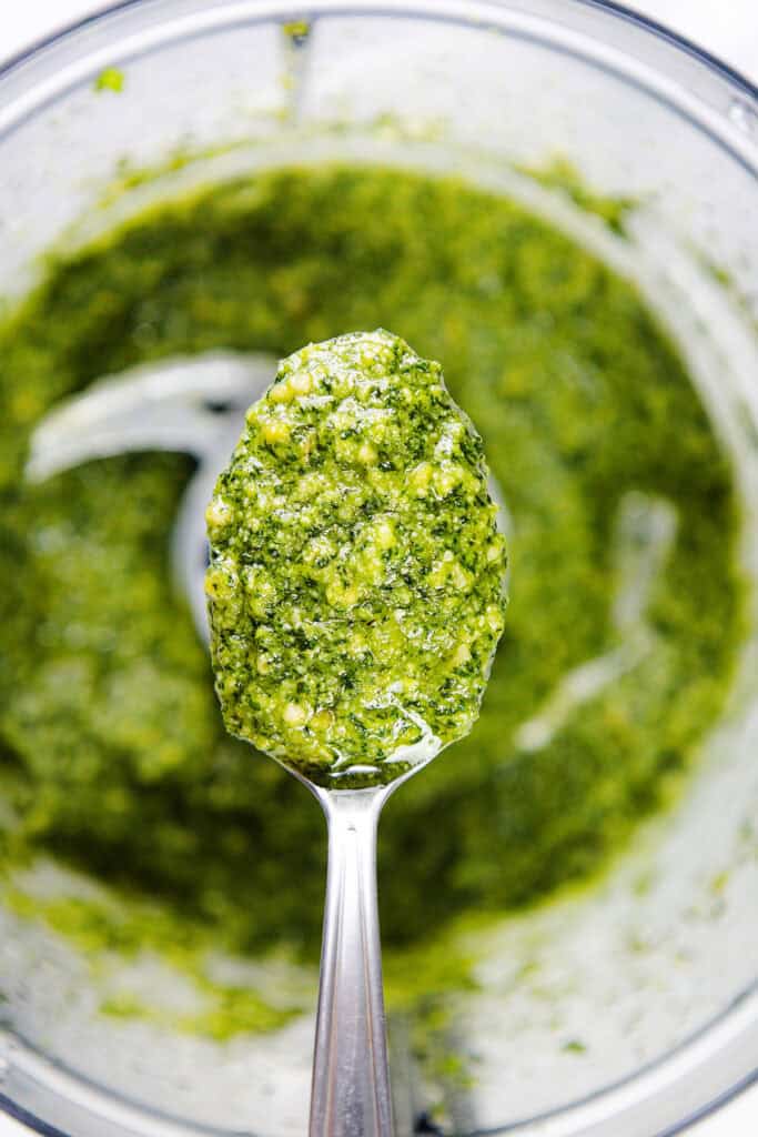 A close-up of a spoonful of chunky green pesto sauce held above a mixer bowl brimming with batch pesto. The sauce has vivid bits of herbs and nuts, showcasing its fresh texture. Perfect for an easy, quick recipe, the blurred background draws focus to the spoon's hearty contents.