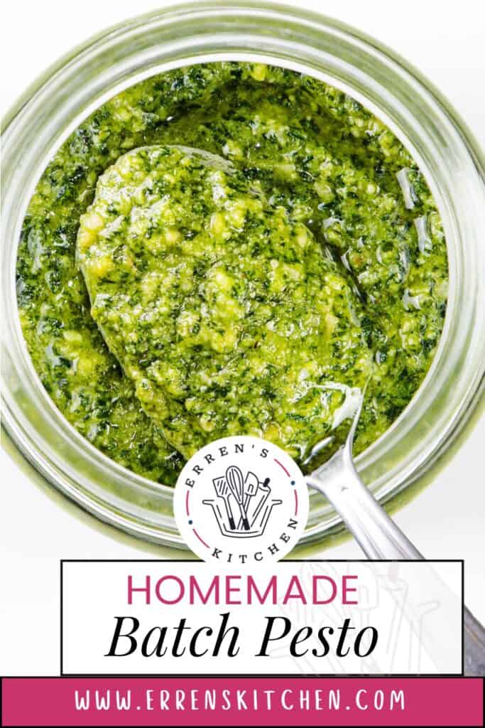 A glass jar filled with easy, homemade pesto—a vibrant green sauce—with a spoon resting inside. A logo for "Erren's Kitchen" graces the jar, while "www.errenskitchen.com" is artfully displayed at the bottom.