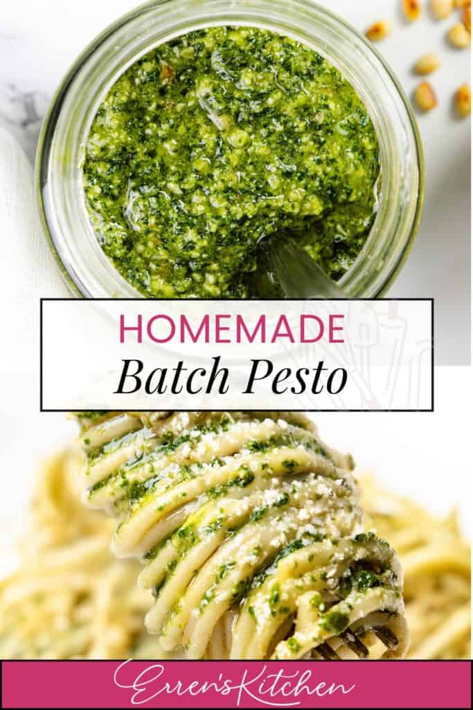 A jar of quick and easy homemade pesto with a spoon, paired with a forkful of pasta swirled in sauce, topped with grated cheese. Text reads "Batch Pesto" and "Erren's Kitchen".