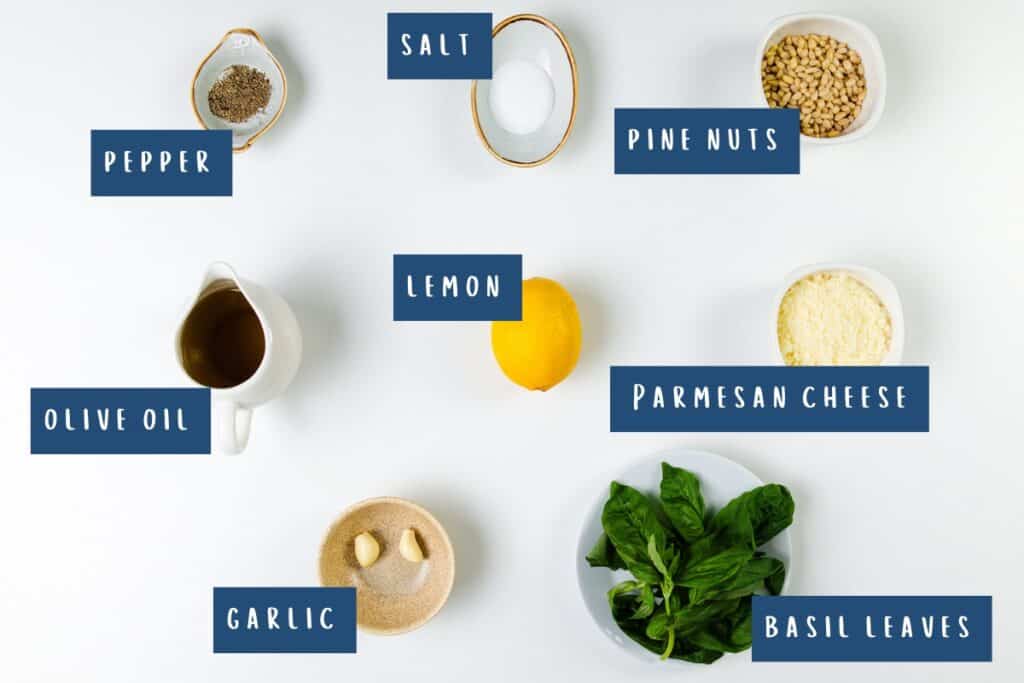 A quick and easy guide to pesto ingredients is laid out on a white surface, each labeled: pepper, salt, pine nuts, olive oil, lemon, Parmesan cheese, garlic, and basil leaves.