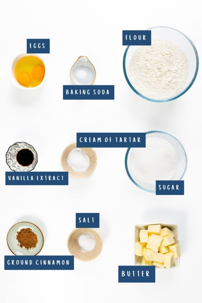 Ingredients for Snickerdoodle Bars neatly arranged on a white background with labels: eggs, baking soda, flour, vanilla extract, cream of tartar, sugar, ground cinnamon, salt, and butter.