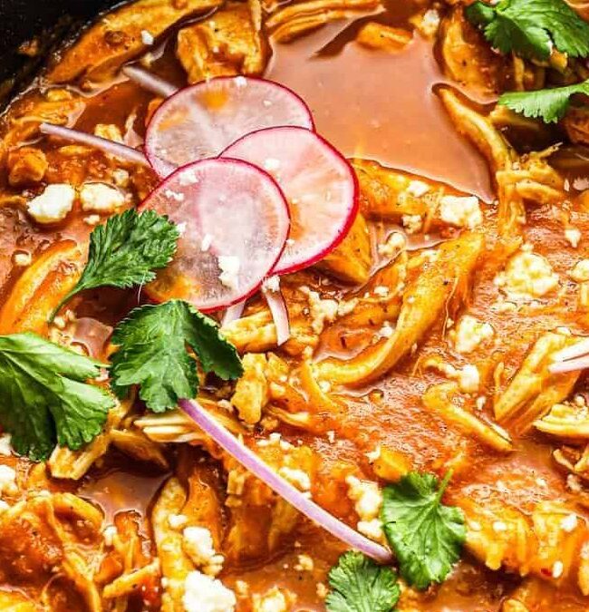 A hearty chicken recipe featuring shredded chicken in a rich red sauce, garnished with sliced radishes, purple onion slivers, cilantro, and crumbled cheese. Served in a black bowl, it highlights vibrant colors and textures.