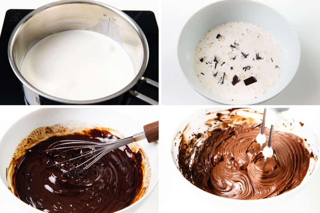 A four-step process for making whipped ganache frosting: heat cream in a saucepan, pour over chopped chocolate in a bowl, whisk into a smooth mixture, and finally use an electric mixer to achieve the perfect creamy consistency for your chocolate sheet cake.