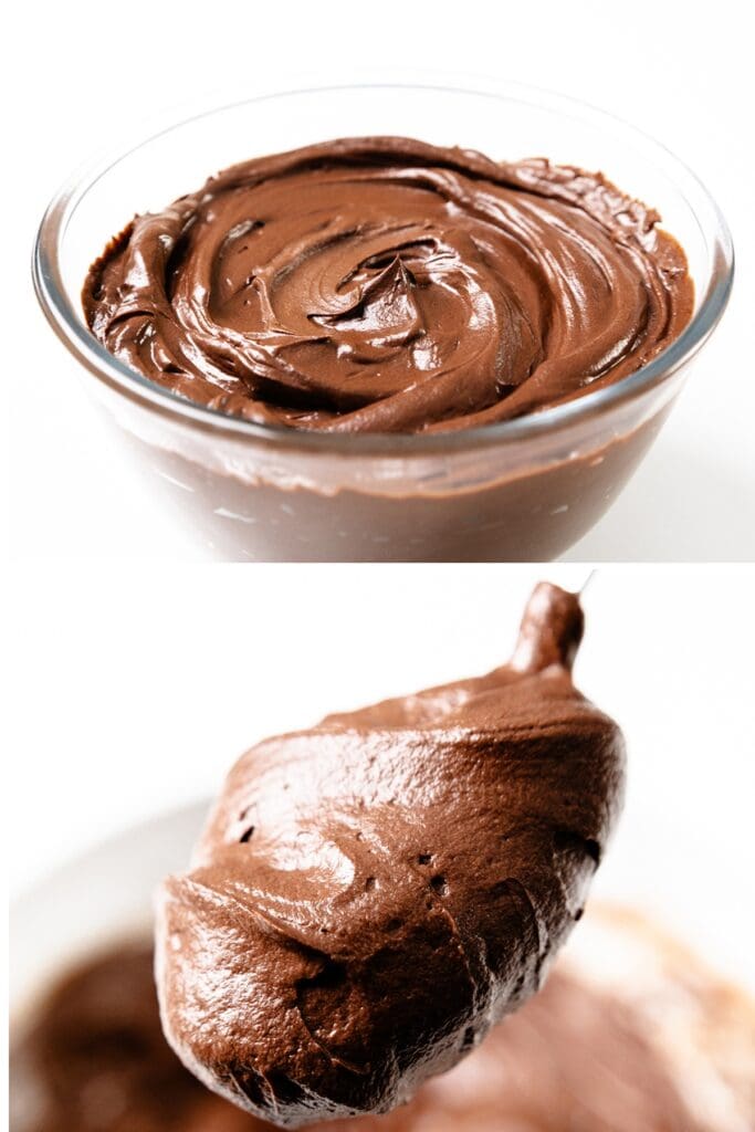 Top image: A glass bowl brimming with smooth, creamy chocolate pudding on a white background. Bottom image: A spoon lifting a thick, glossy portion of chocolate pudding with whipped ganache, highlighting its rich texture.