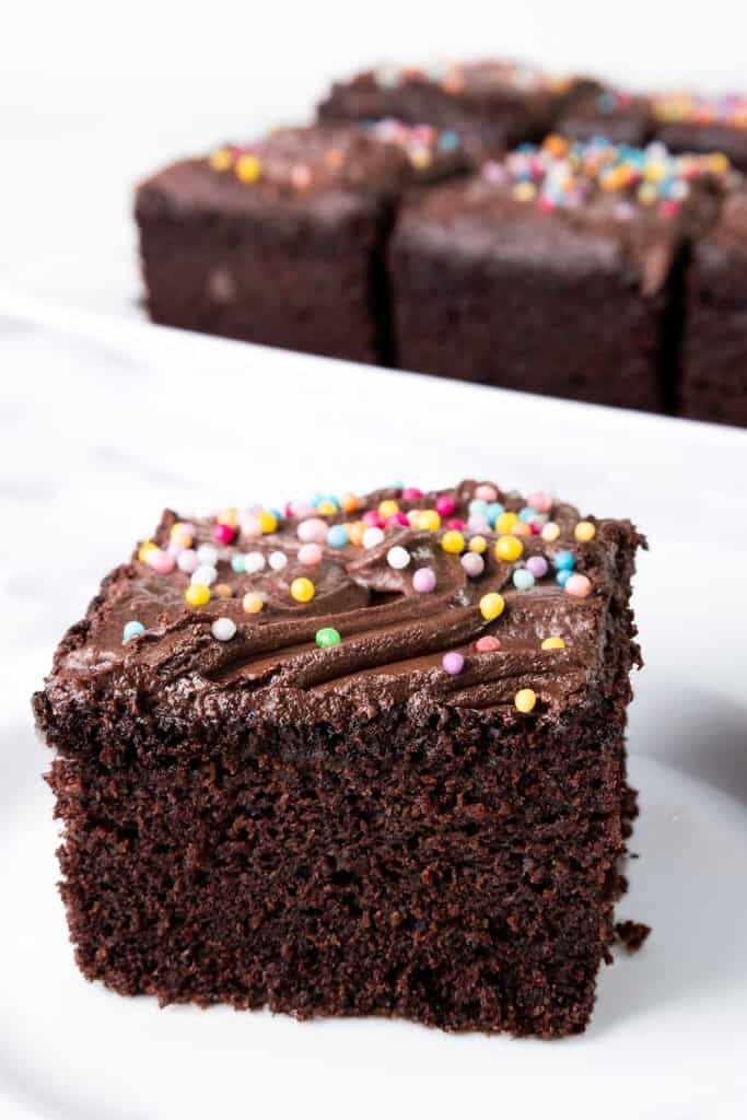 A close-up of a slice of chocolate sheet cake with rich whipped ganache and colorful sprinkles on top. The cake is slightly moist, and several more slices are visible in the background on a white plate.