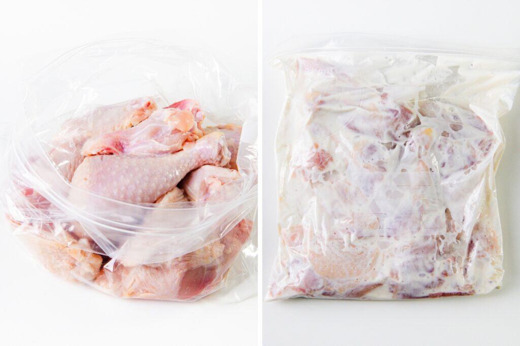 Left: Raw chicken pieces in a clear plastic bag. Right: Chicken pieces marinating in a KFC-style creamy white sauce inside another clear plastic bag. Both bags rest on a pristine white surface, preparing for their transformation into delicious fried chicken.