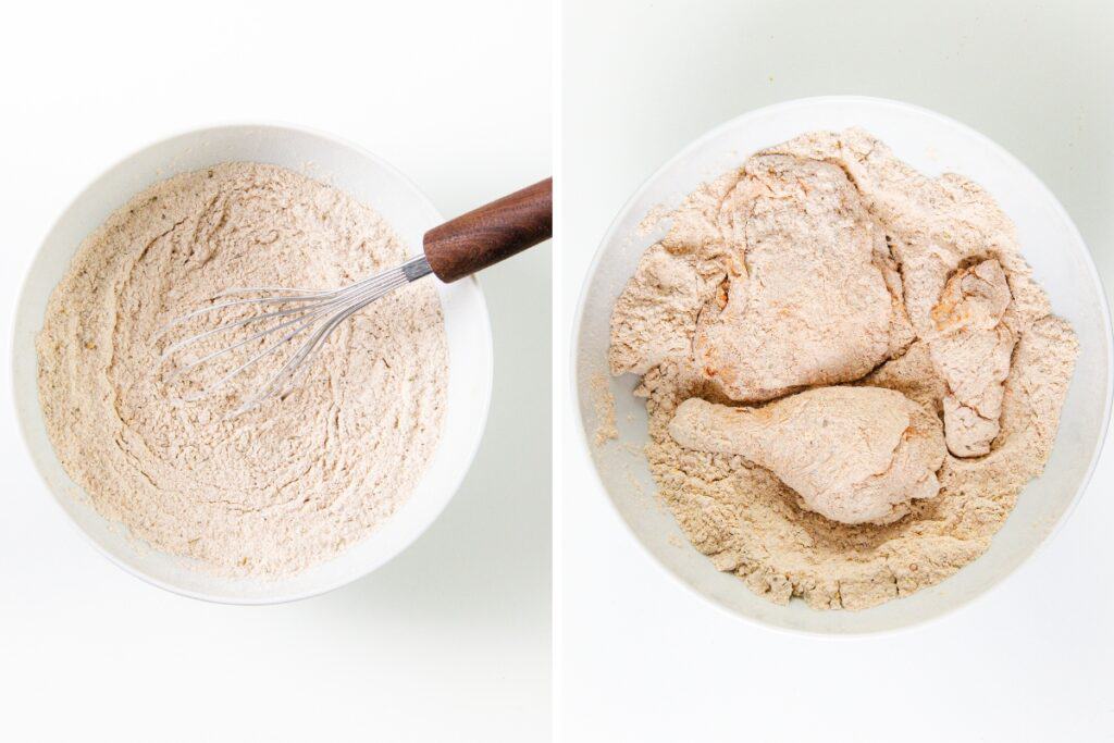 Split image: Left side shows a bowl with flour and a whisk. Right side displays KFC-style, flour-coated fried chicken pieces. The bowls sit on a white background.