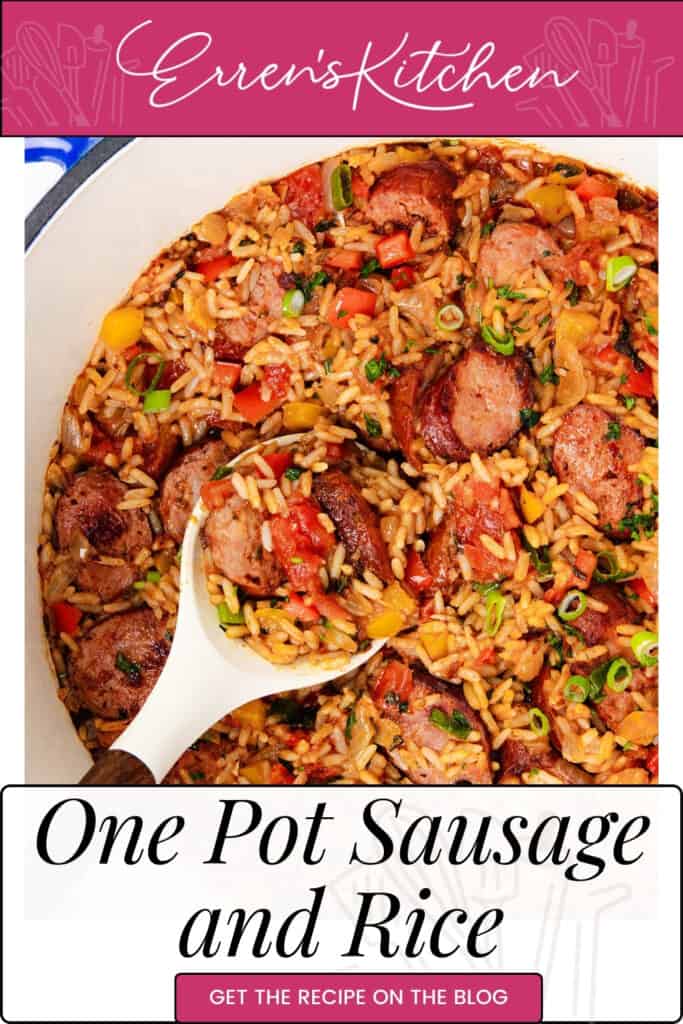 A pot of vibrant bell peppers and sliced sausages rests beside a serving spoon. The text reads "Erren's Kitchen" and highlights the Sausage and Rice dish. Discover this delectable recipe on the blog.