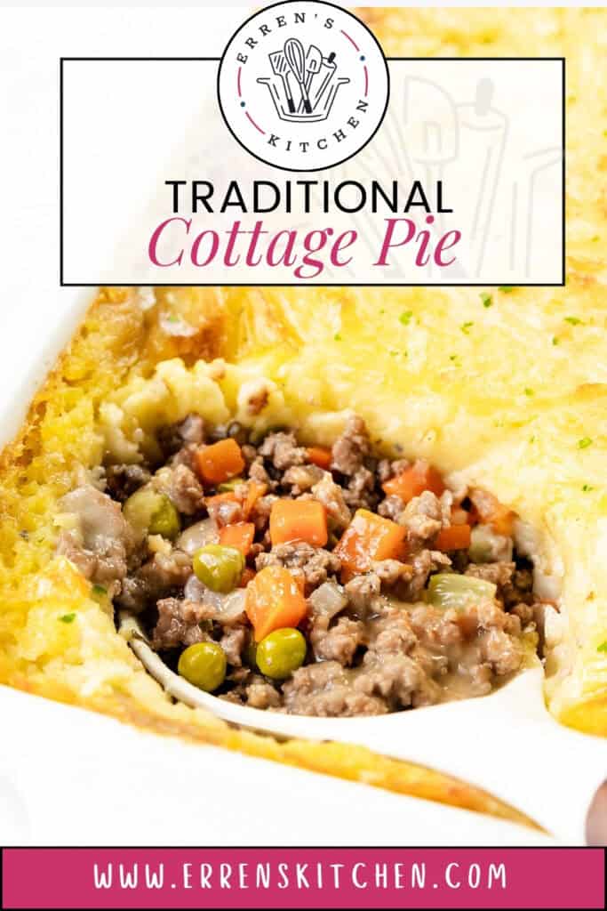 A close-up of a traditional cottage pie showcases a golden mashed potato topping. The visible filling includes ground meat, peas, and diced carrots. A portion is scooped out, revealing the layers beneath. The text above reads "Traditional Cottage Pie.