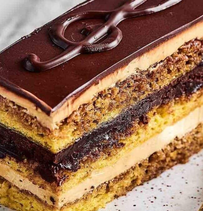 A slice of layered opera cake on a speckled plate captures the essence of timeless desserts. The cake showcases thin sponge layers, coffee cream, and chocolate ganache beneath a glossy glaze, reminiscent of 1960s retro desserts. A fork rests beside the enticing slice.